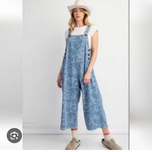 Easel Sky Blue Patterned Overalls